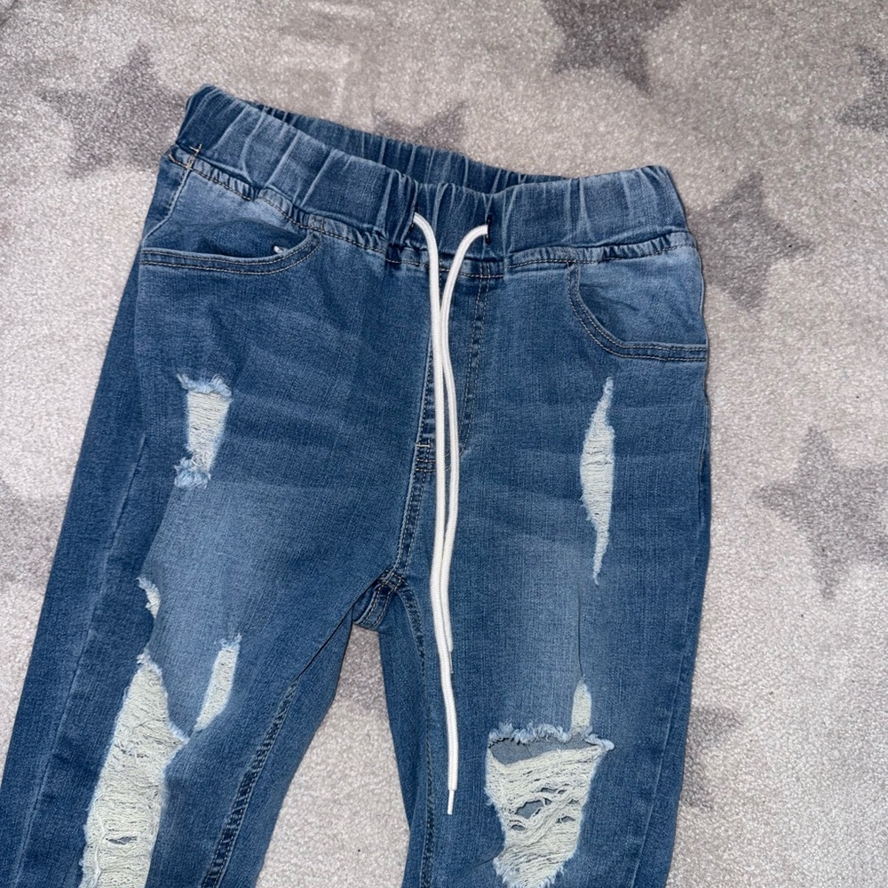 Distressed Blue Jeans with Drawstring - Picture 3 of 4